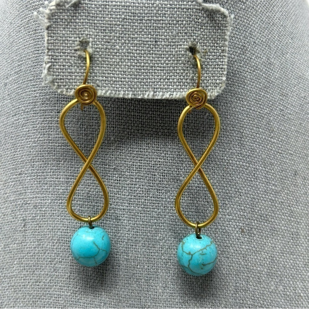 Boho Gold Tone Brass Swirl Knotted Dangle Earrings with Simulated Turquoise Bead
